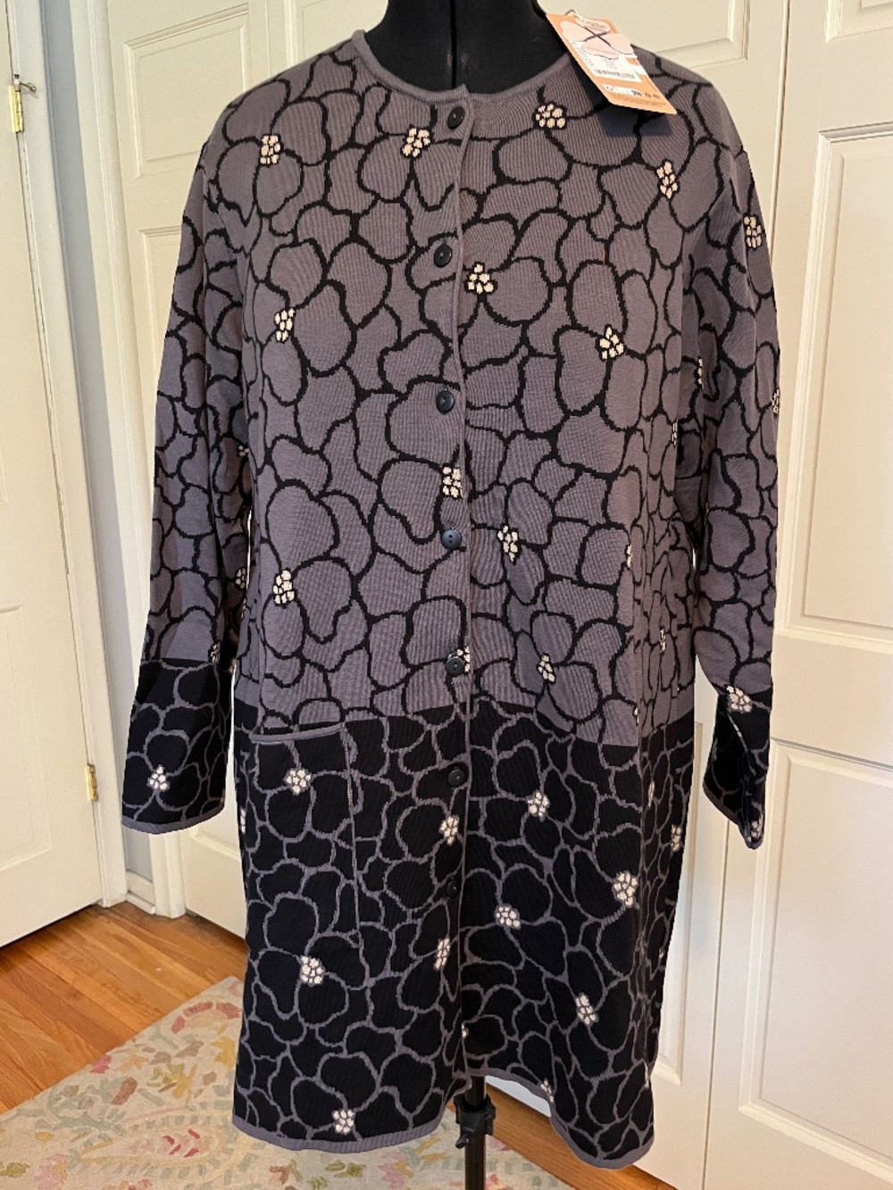 NWT! Gudrun Sjödén Theia Long Cardigan in Black Grey Tan 100% Cotton Size XL